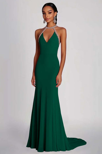 Sheath Black Beaded Halter Long Chiffon Formal Dress